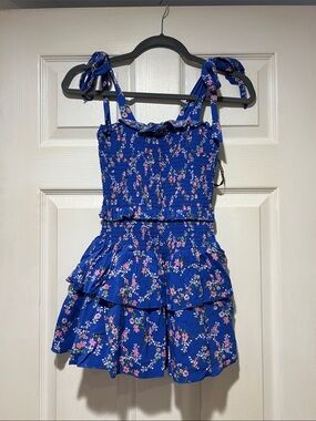 Girls Katie J Emerson Blue Floral Ruffle Skirted Dress with Tie Straps size L